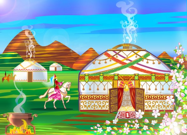 Village, village, yurts, horses, sky, mountains, grasslands, fields, people living in yurts — Cтоковый вектор #71086565