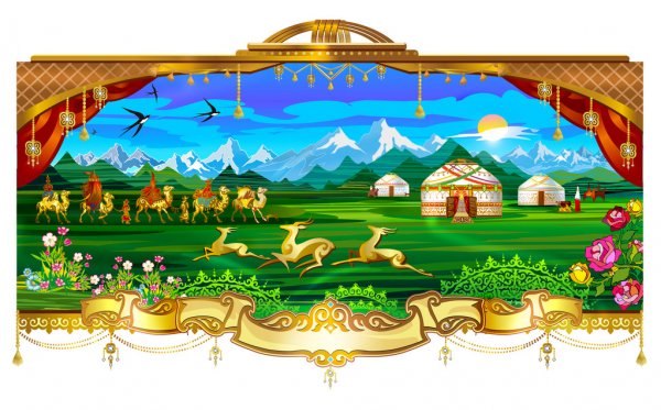 Village, village, yurts, horses, sky, mountains, grasslands, fields, people living in yurts — Cтоковый вектор #71253355