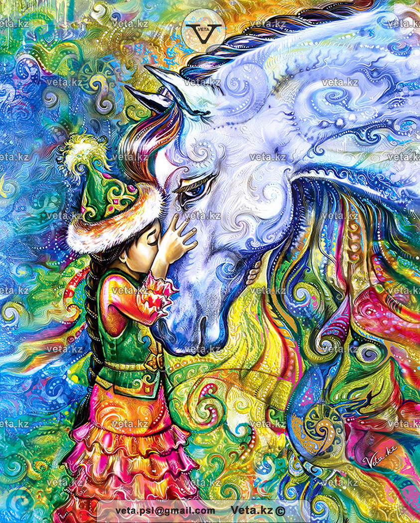 иллюстрация в Казахском стиле с девочка с лошадью