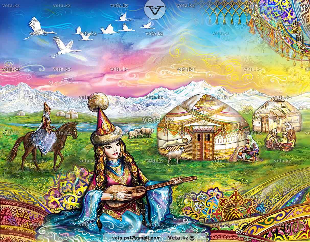 панорама корпеш и баян-сулу, семейный очаг, халық әні, народная песня, гостеприимство молодой хозяйки, иллюстрация Aйсулу