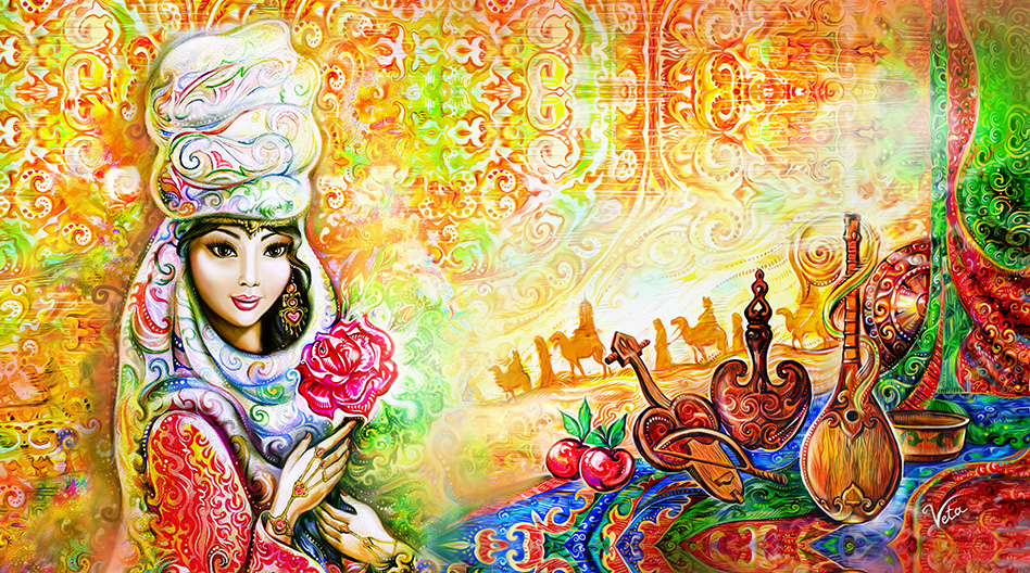 портрет Восточной девушки с цветком в руках на фоне дастархана