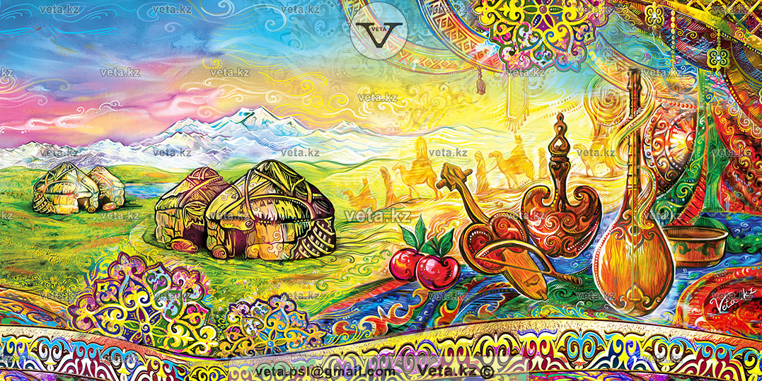 Дастархан, Щедрая Земля Казахстана, прекрасный Аул, горы, природа Казахстана, иллюстрации в Казахском стиле