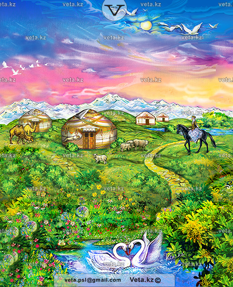 Джайляу, казахский аул, природа Казахстана, красивые юрты, горы и степи, иллюстрация на тему весна в Казахстане