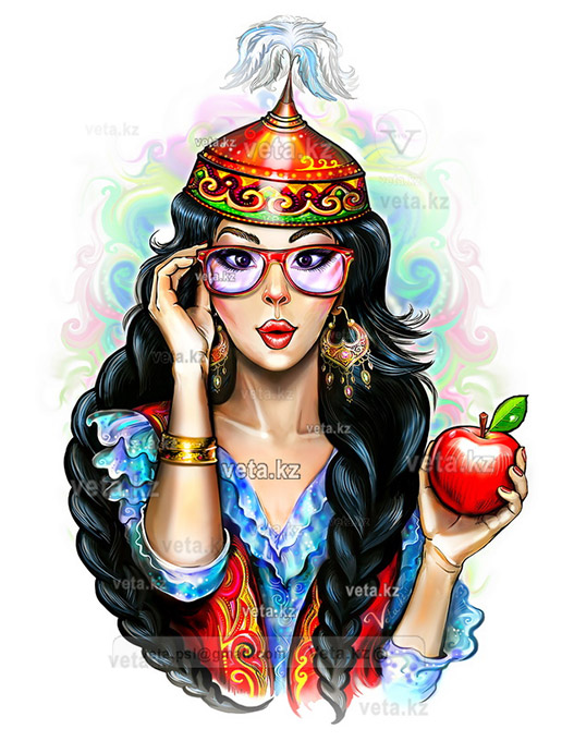 иллюстрация в Казахском стиле с девушка с яблоком в народном казахском костюме